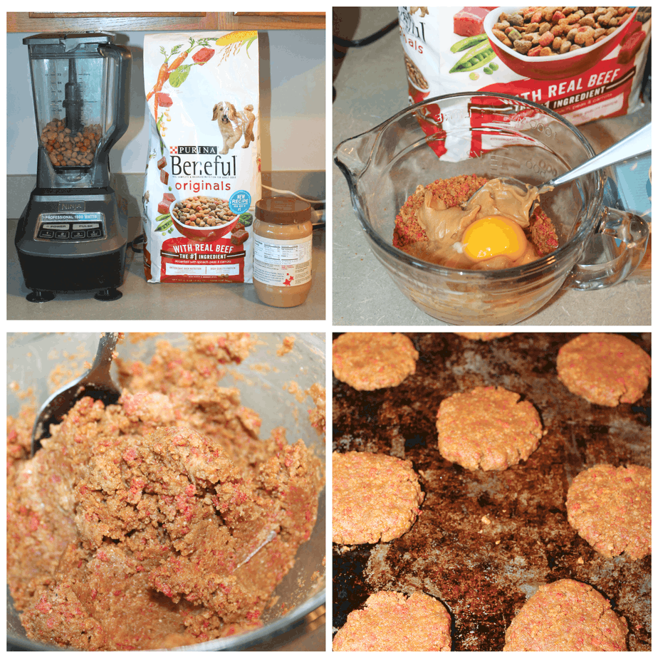 a collage of 4 images showing the process to make 3-ingredient dog cookies