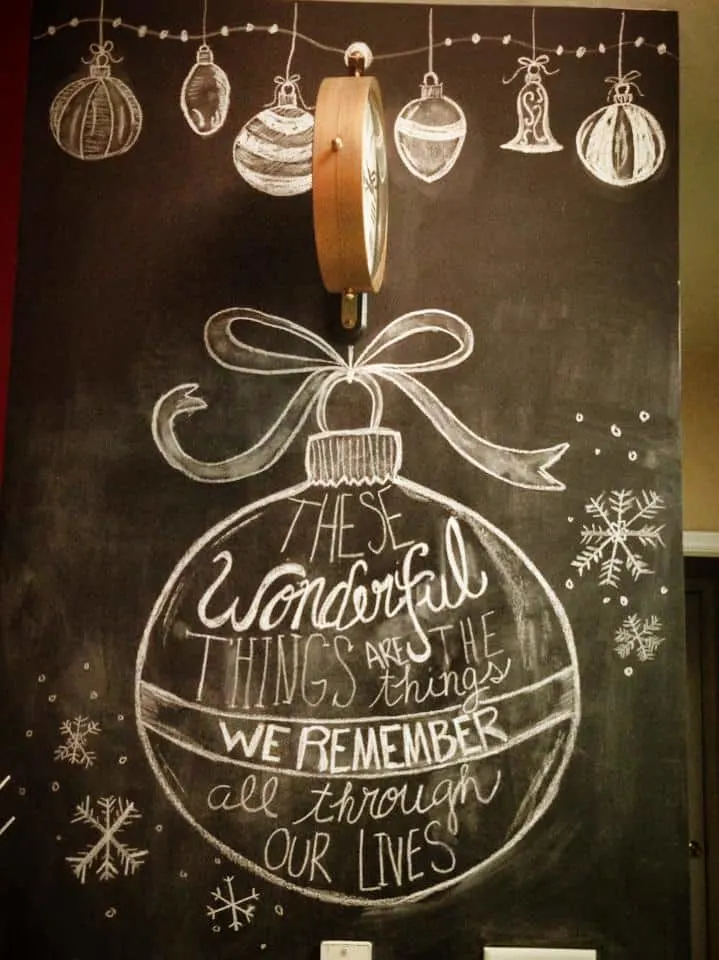 "These wonderful things are the things we remember all through our lives" written in artistic font on a chalkboard wall and inside of a chalk-drawn Christmas ornament. 
