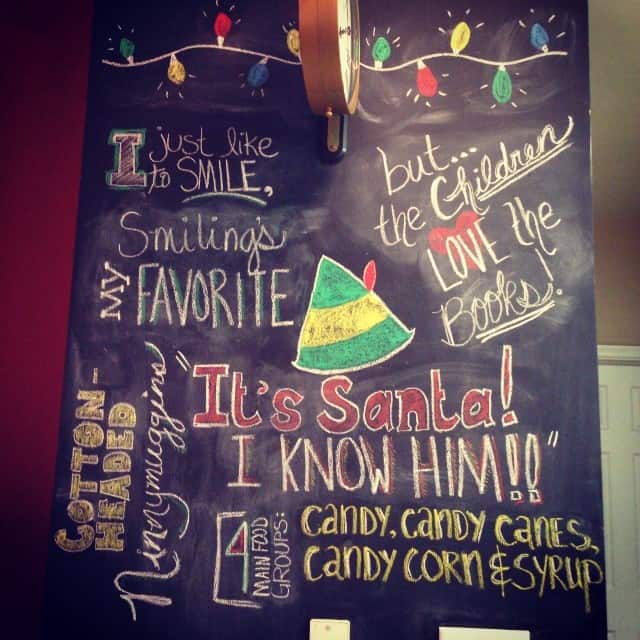 a chalkboard wall with quotes from the Christmas movie Elf written in artistic font, plus an elf hat and Christmas lights. 