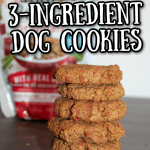 a stack of peanut butter dog cookies with a text overlay that says, "Easy 3-ingredient dog cookies".