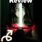 a light girl holding a lightsaber with a text overlay that says, "Kyberlight Review - High quality lightsabers for kids and adults".