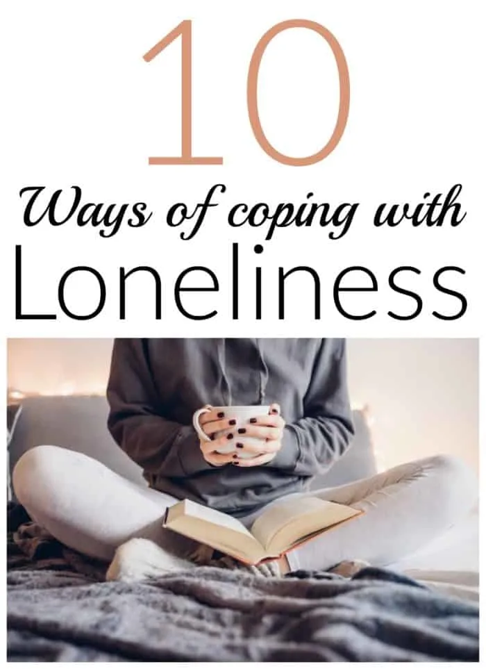 An image of a women sitting cross-legged with a book on her legs and a coffee cup in her hands. The image cuts off at her shoulders with a text overlay that says, "10 ways of coping with loneliness".