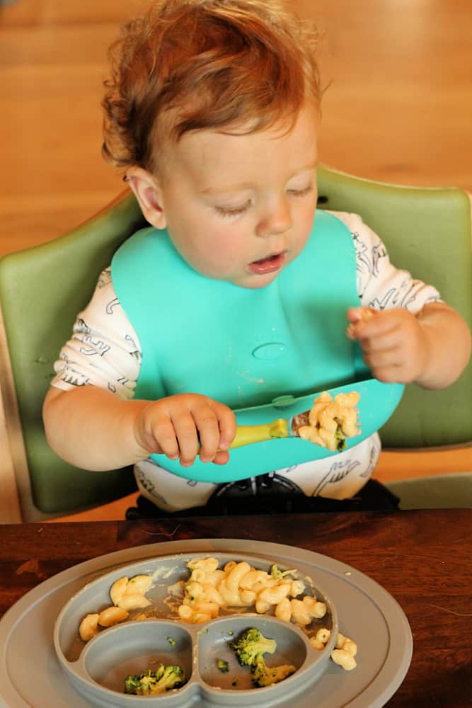 toddler eating at table