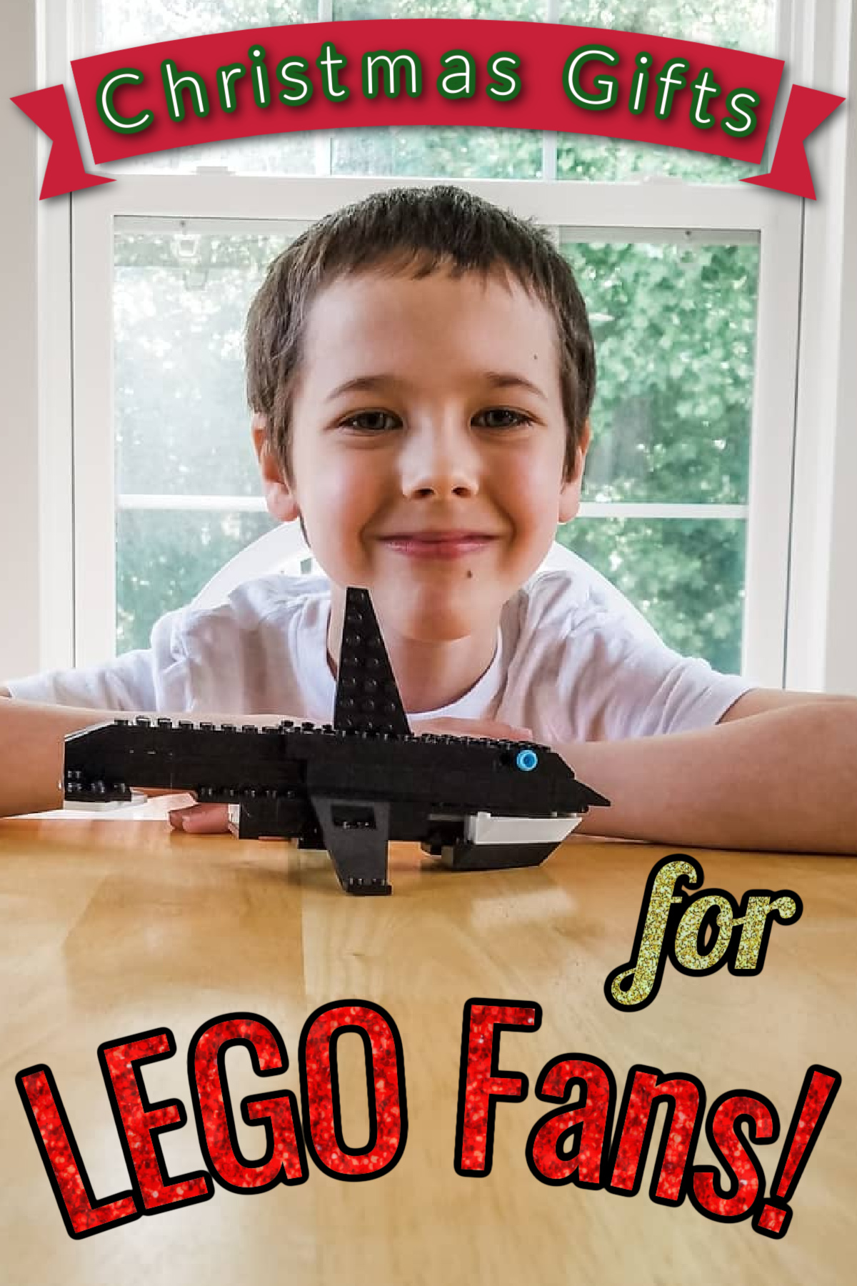 Boy with an Orca LEGO with a text overlay that says "Christmas Gifts for LEGO Fans"