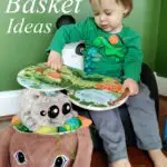 Toddler with easter basket and a text overlay that says "Easter Basket Ideas for Toddlers"