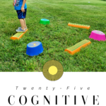 boy doing an obstacle course with a text overlay that says, "25 Cognitive Activities for Four-Year-Olds"