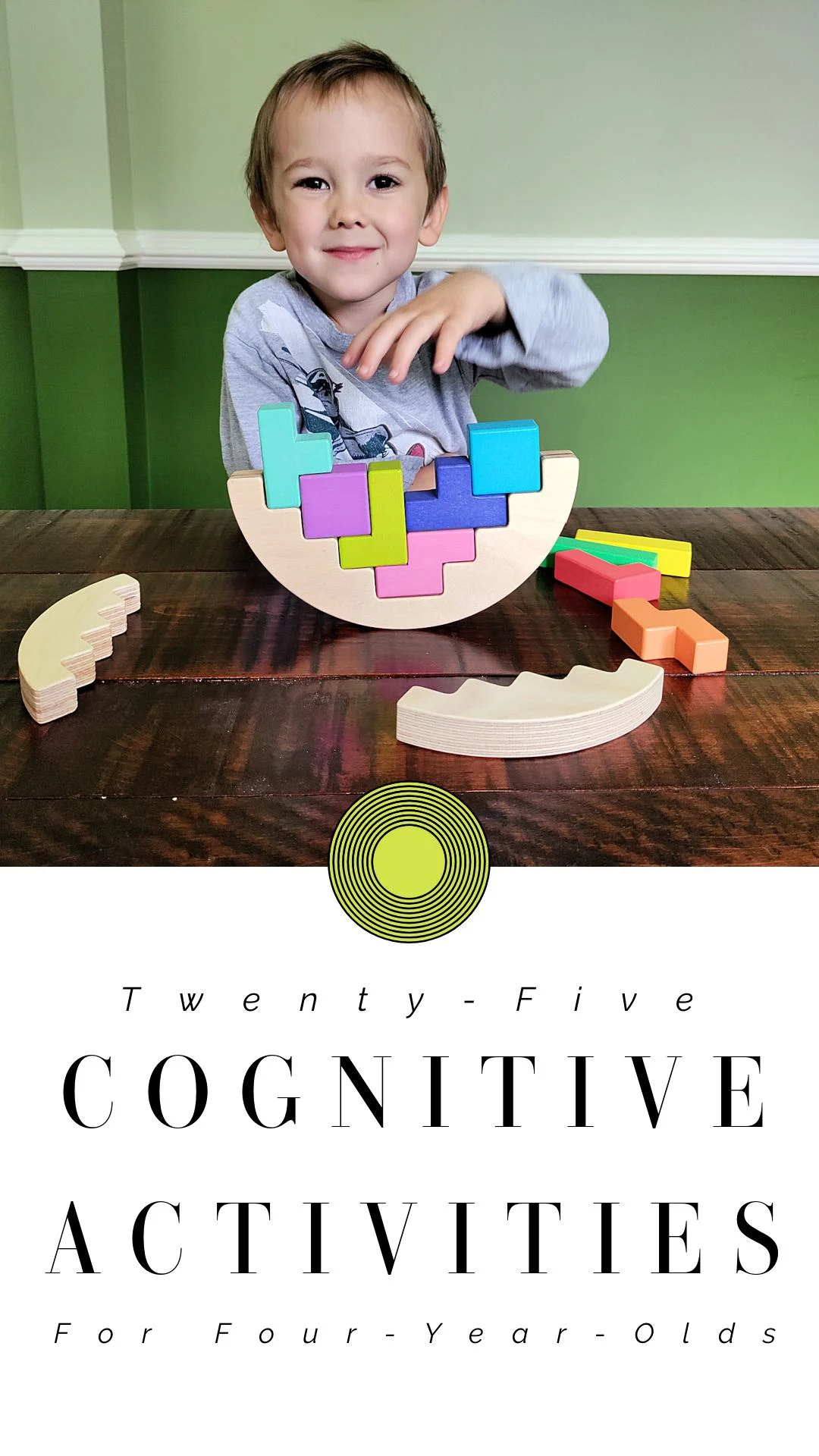 a four year old boy playing with a puzzle with a text overlay that says "twenty-five cognitive activities for four-year-olds."