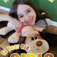 A girl with a stuffed dog and a text overlay that says 