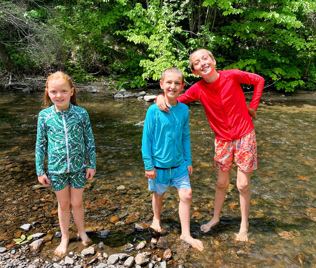 kids in river wearing swimzip suits