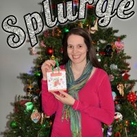 woman in front of a Christmas tree holding a gift with a text overlay that says 