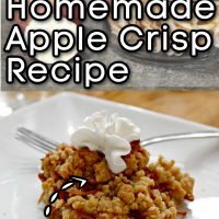 a collage with the top photo showing spiralized apples and the bottom photo showing a completed apple crisp with a text overlay that says, 