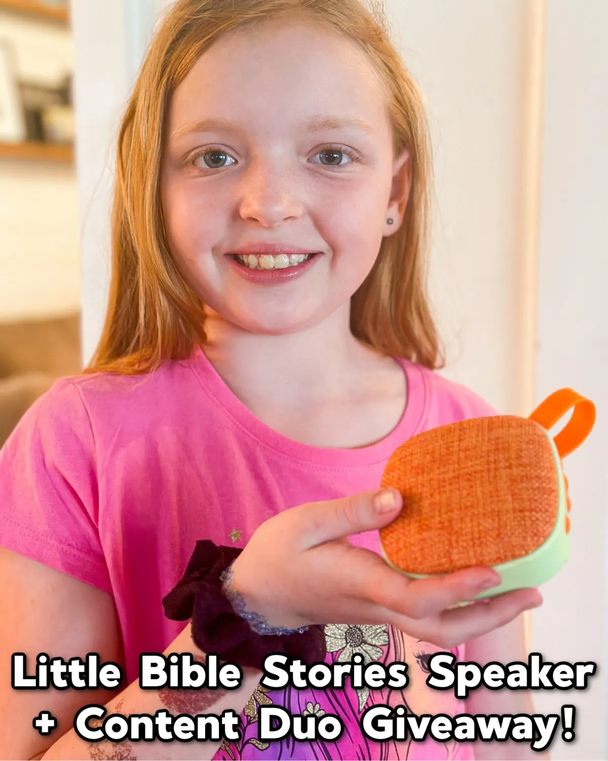 Girl with speaker. Little Bible Stories Speaker Giveaway.